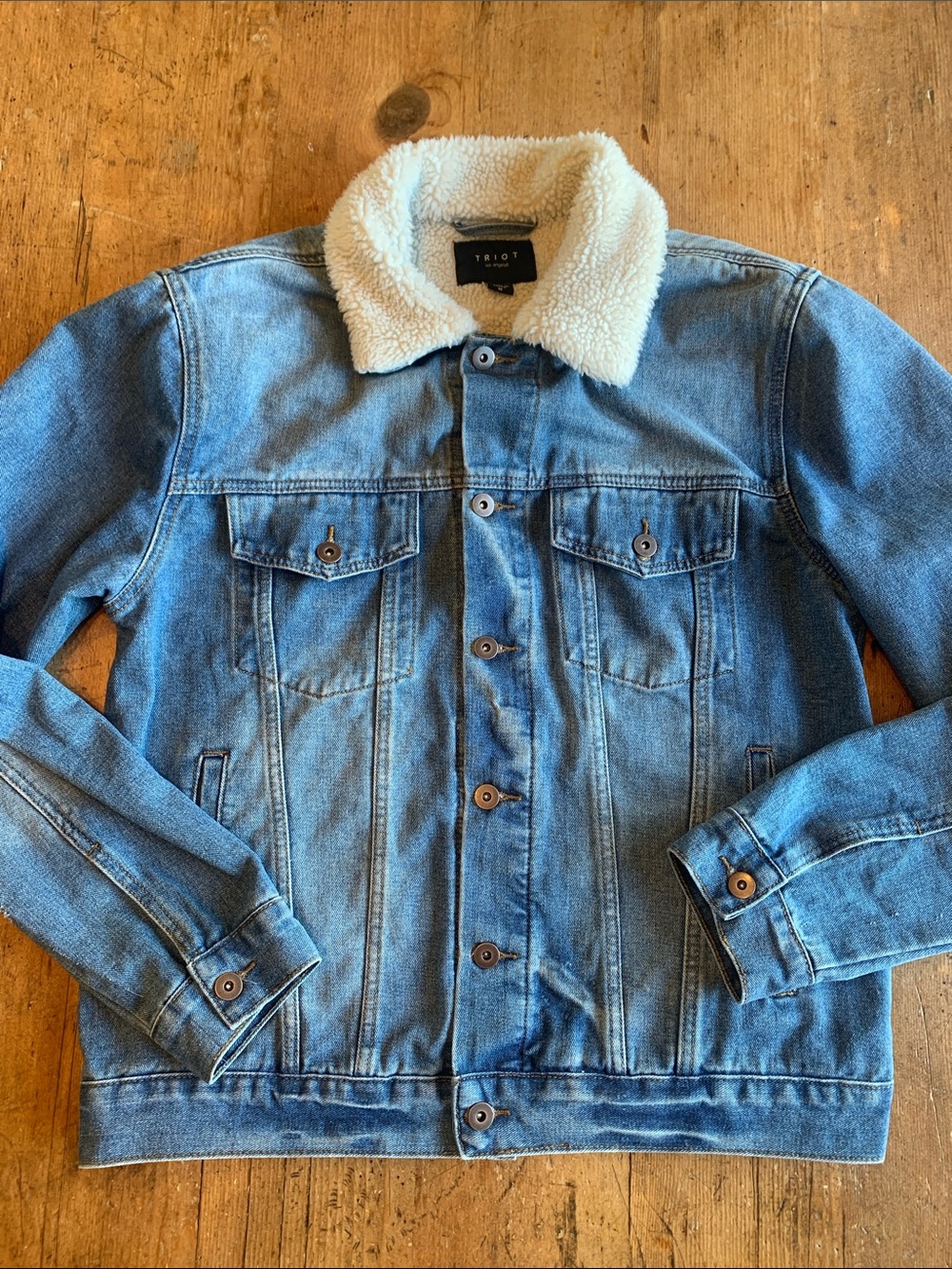 Men's Light Blue Denim Bomber Jacket with Cream Sherpa Collar